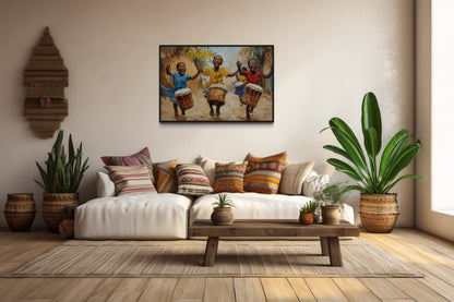 Happy African Kids Playing Drums Framed Canvas Wall Art
