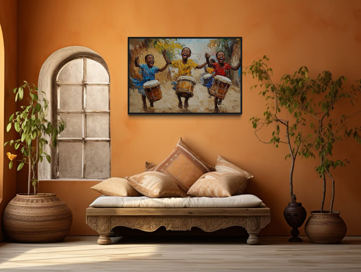 Happy African Kids Playing Drums Framed Canvas Wall Art