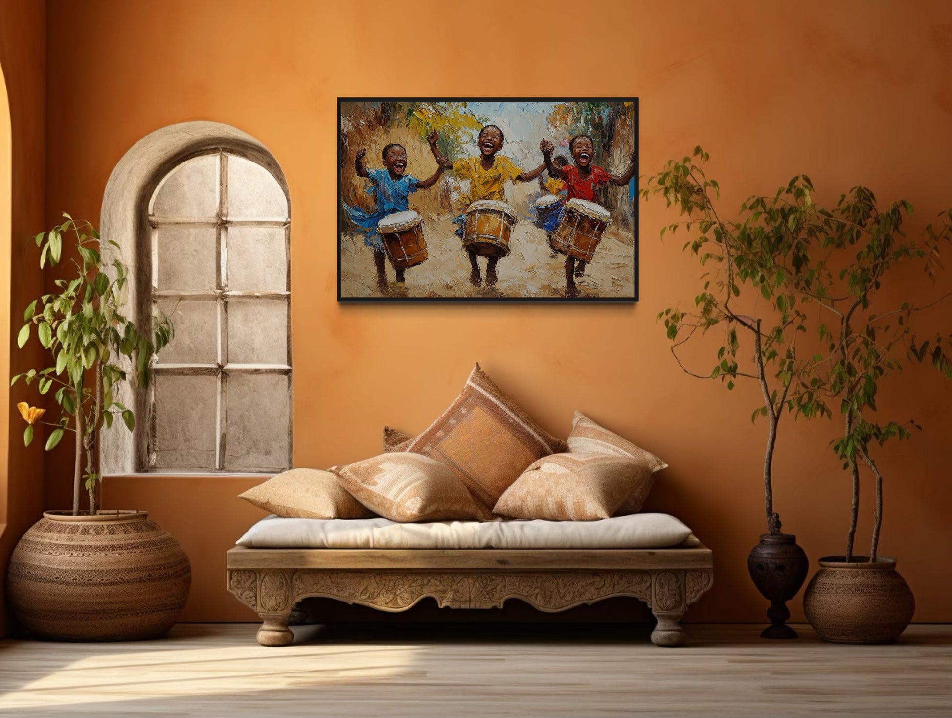 Happy African Kids Playing Drums Framed Canvas Wall Art