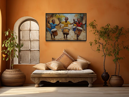 Happy African Kids Playing Drums Framed Canvas Wall Art