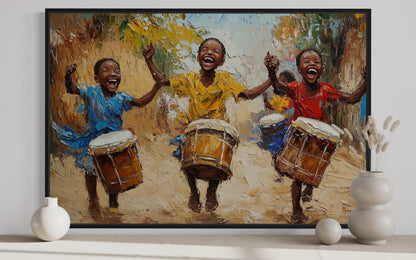 Happy African Kids Playing Drums Framed Canvas Wall Art