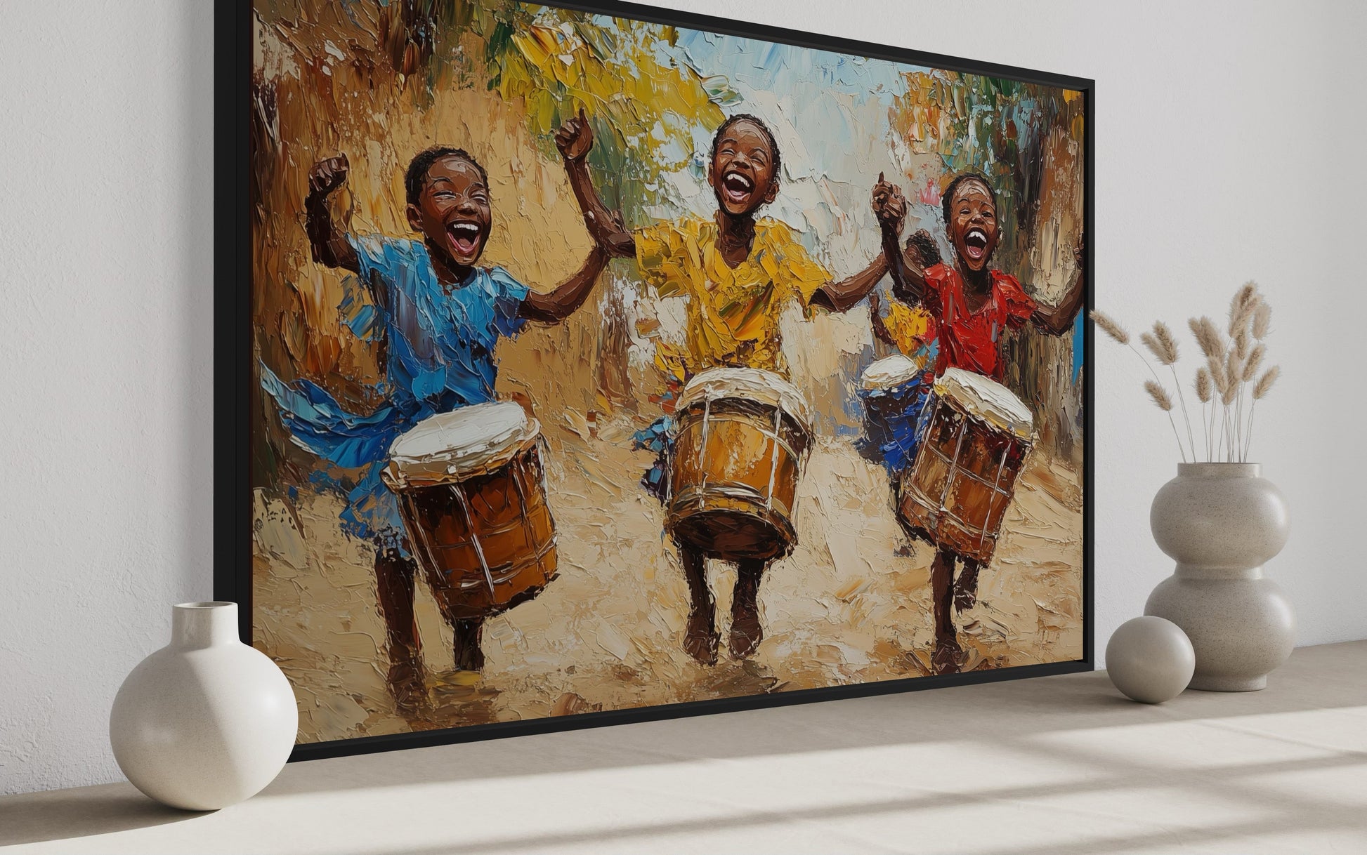 Happy African Kids Playing Drums Framed Canvas Wall Art