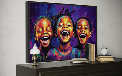 Happy Black Kids Framed Canvas Wall Art