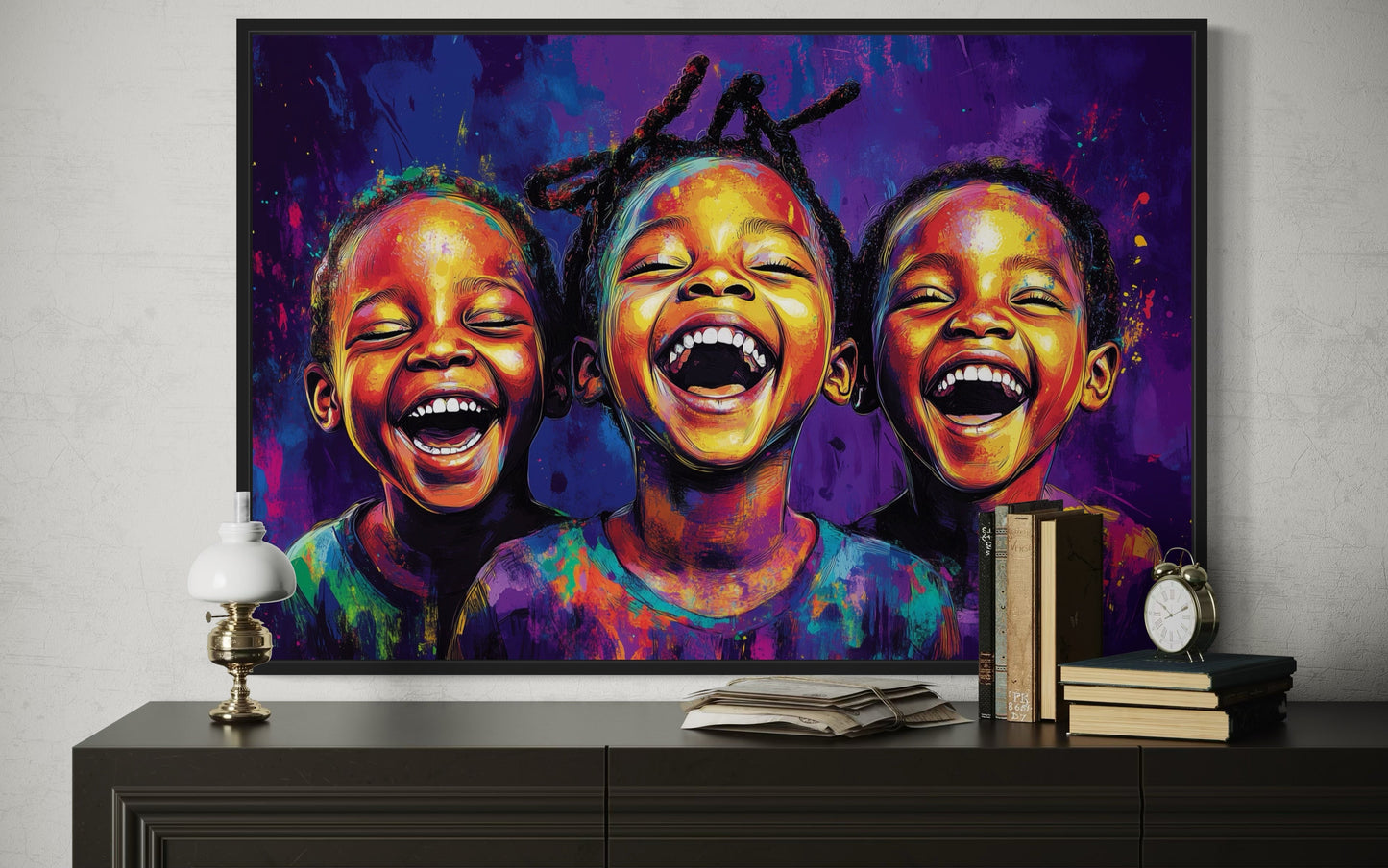 Happy Black Kids Framed Canvas Wall Art