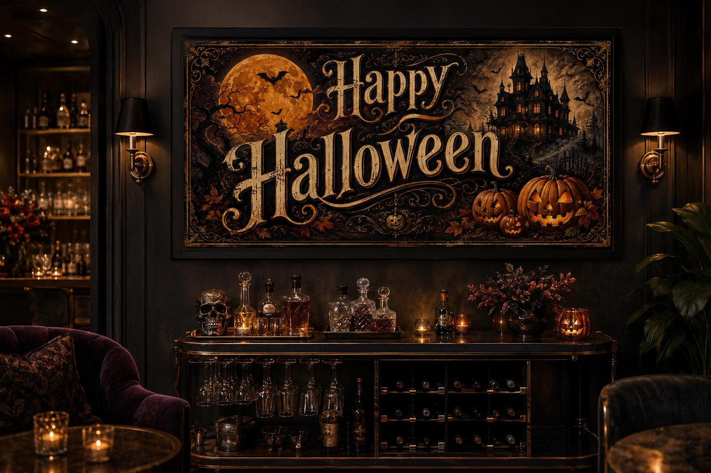 Happy Halloween Vintage Sign, Haunted House Jack O Lantern Wall Art
