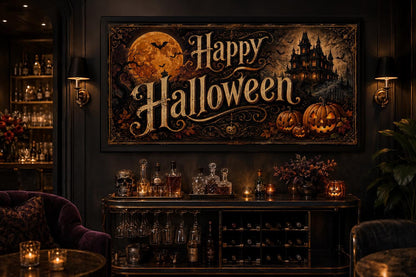 Happy Halloween Vintage Sign, Haunted House Jack O Lantern Wall Art