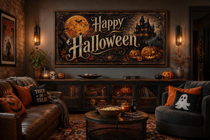 Happy Halloween Vintage Sign, Haunted House Jack O Lantern Wall Art