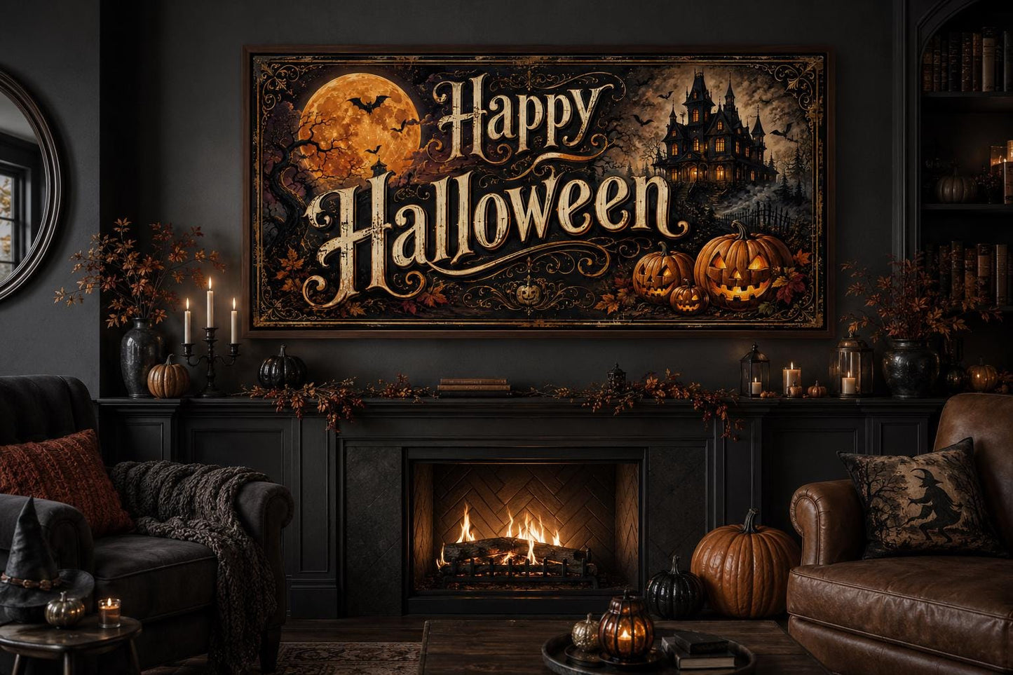 Happy Halloween Vintage Sign, Haunted House Jack O Lantern Wall Art
