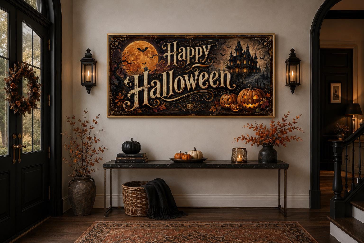Happy Halloween Vintage Sign, Haunted House Jack O Lantern Wall Art