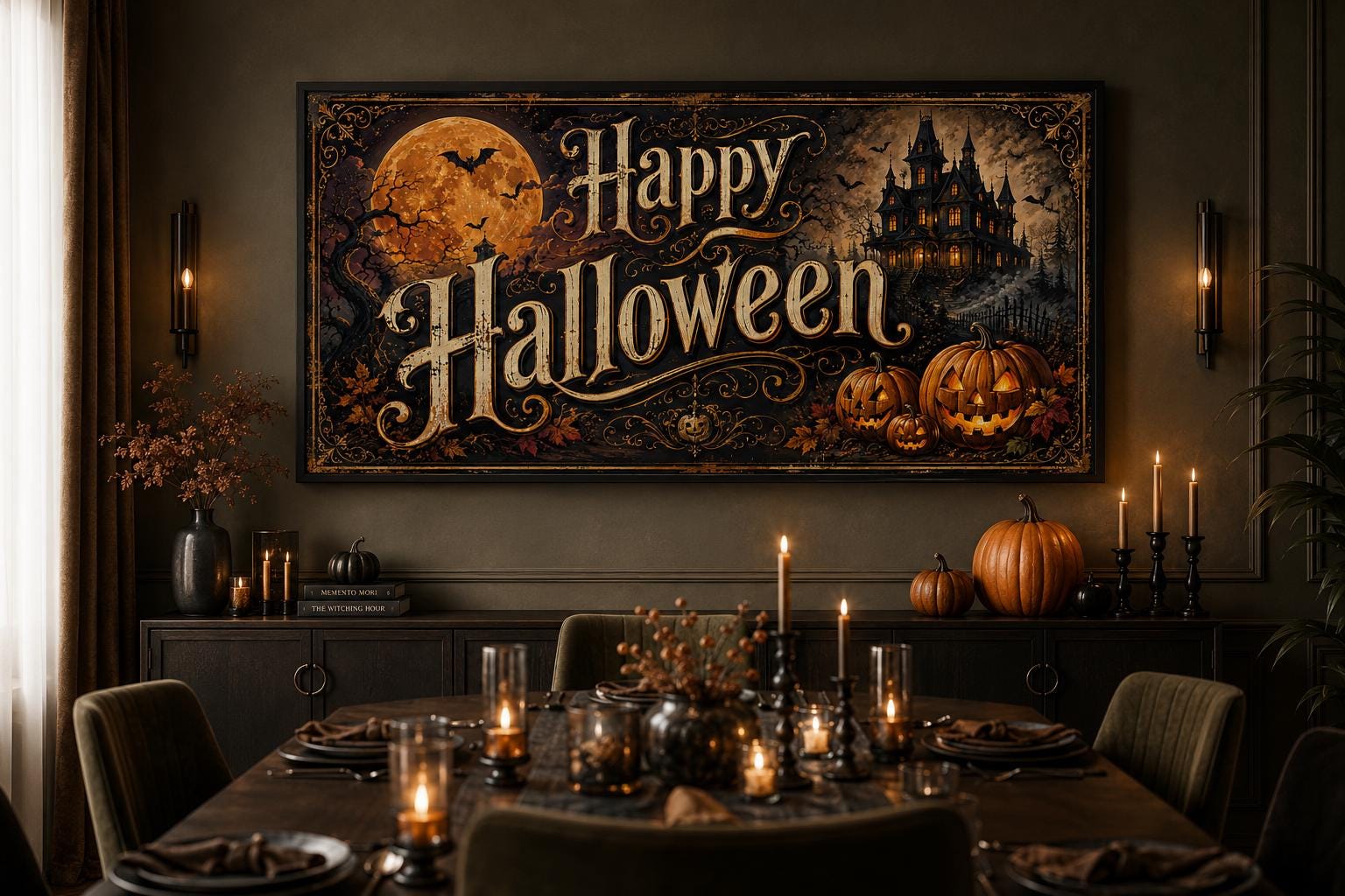 Happy Halloween Vintage Sign, Haunted House Jack O Lantern Wall Art