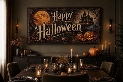 Happy Halloween Vintage Sign, Haunted House Jack O Lantern Wall Art