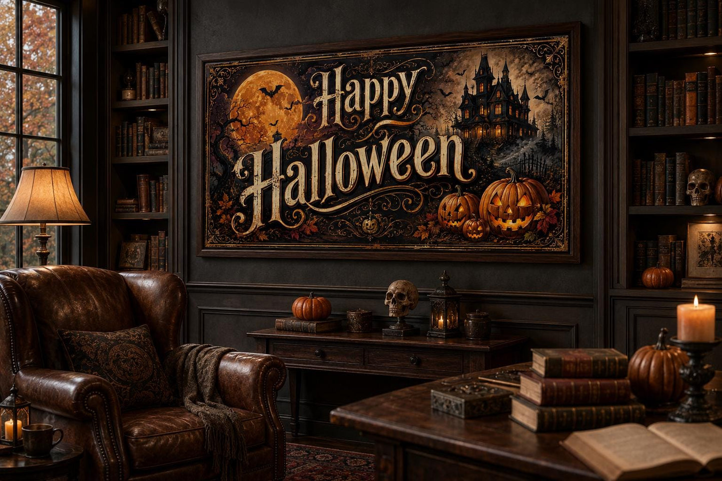 Happy Halloween Vintage Sign, Haunted House Jack O Lantern Wall Art