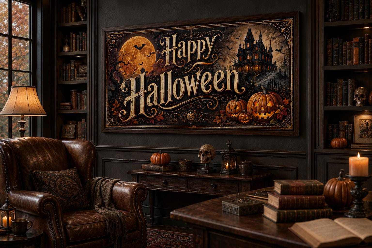 Happy Halloween Vintage Sign, Haunted House Jack O Lantern Wall Art
