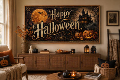 Happy Halloween Vintage Sign, Haunted House Jack O Lantern Wall Art
