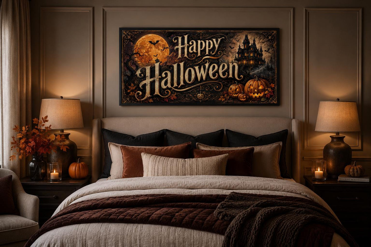 Happy Halloween Vintage Sign, Haunted House Jack O Lantern Wall Art