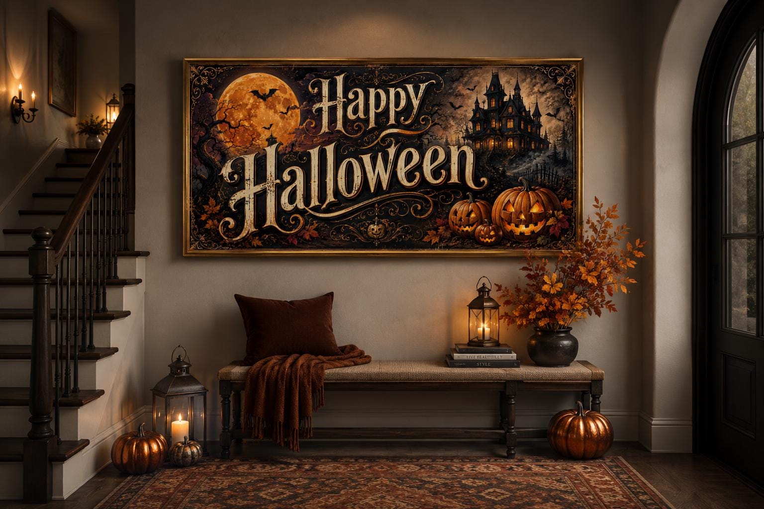Happy Halloween Vintage Sign, Haunted House Jack O Lantern Wall Art