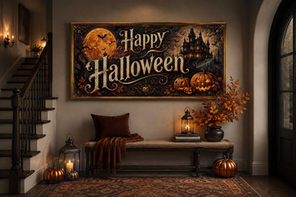 Happy Halloween Vintage Sign, Haunted House Jack O Lantern Wall Art