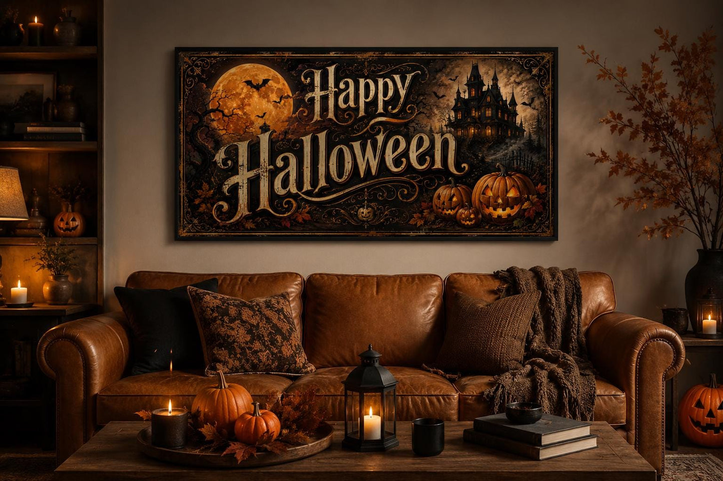 Happy Halloween Vintage Sign, Haunted House Jack O Lantern Wall Art