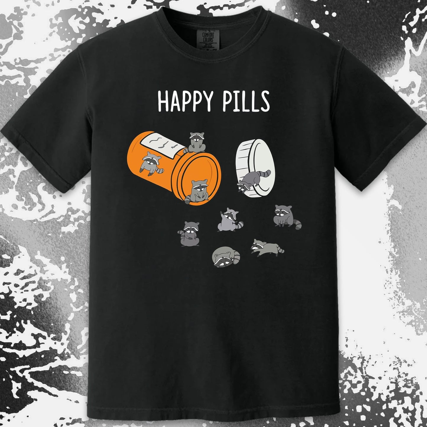 Happy Pills Raccoon Shirt – Dark Humor Mental Health Art, funny meme tee gift (view 15)