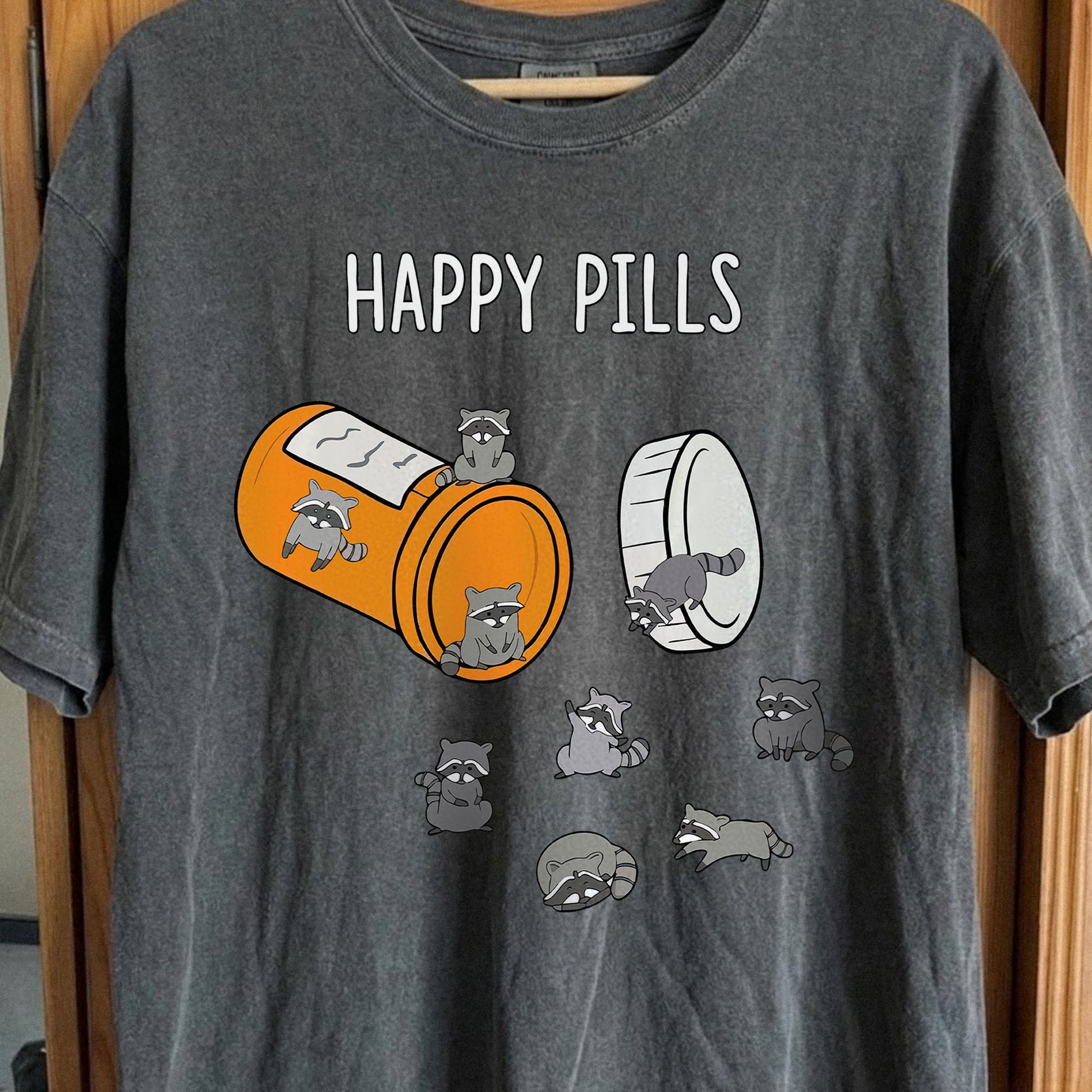 Happy Pills Raccoon Shirt – Dark Humor Mental Health Art, funny meme tee gift