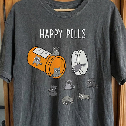 Happy Pills Raccoon Shirt – Dark Humor Mental Health Art, funny meme tee gift