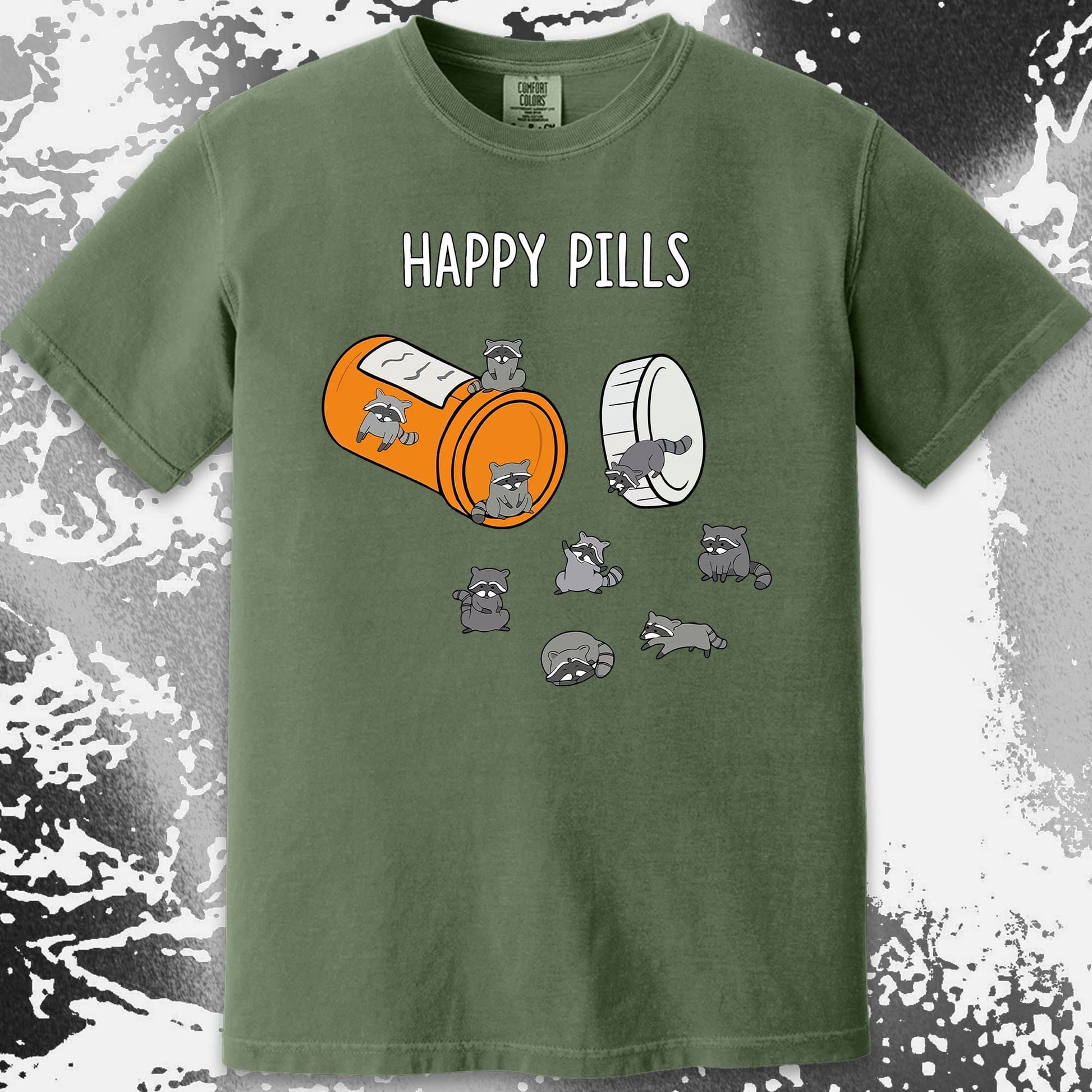 Happy Pills Raccoon Shirt – Dark Humor Mental Health Art, funny meme tee gift (view 18)