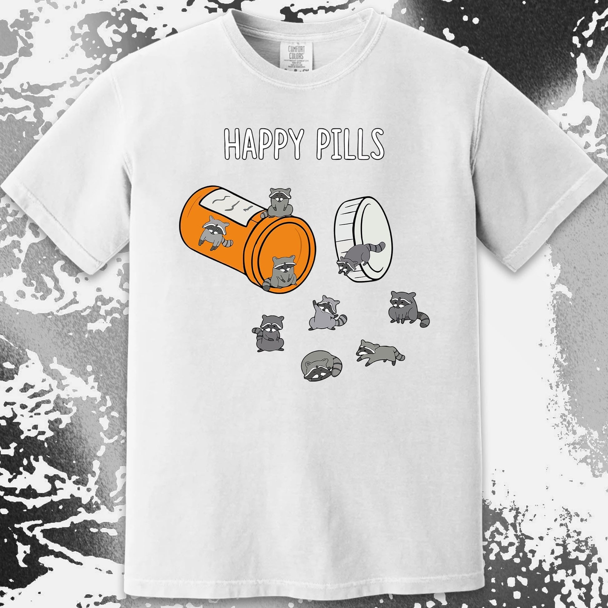 Happy Pills Raccoon Shirt – Dark Humor Mental Health Art, funny meme tee gift (view 13)