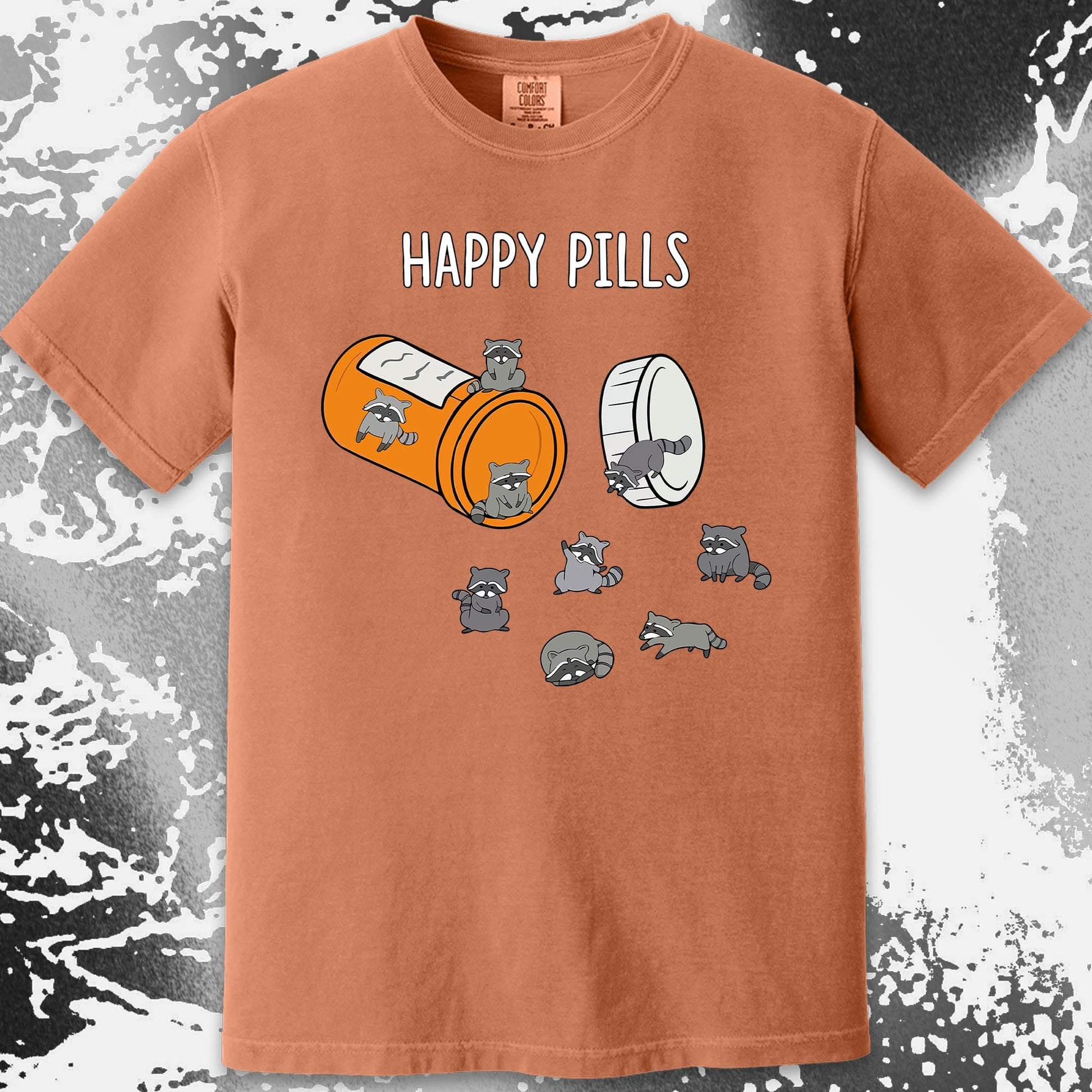 Happy Pills Raccoon Shirt – Dark Humor Mental Health Art, funny meme tee gift (view 14)