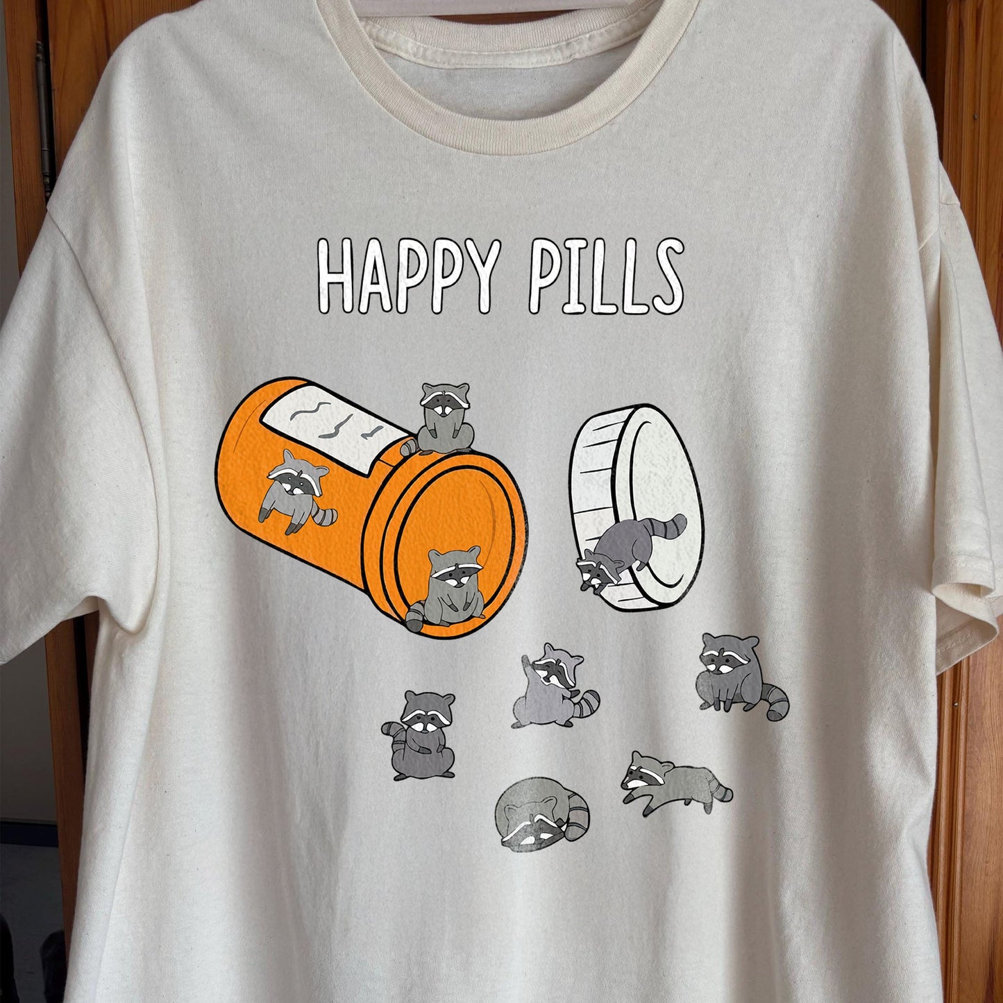 Happy Pills Raccoon Shirt – Dark Humor Mental Health Art, funny meme tee gift (view 2)