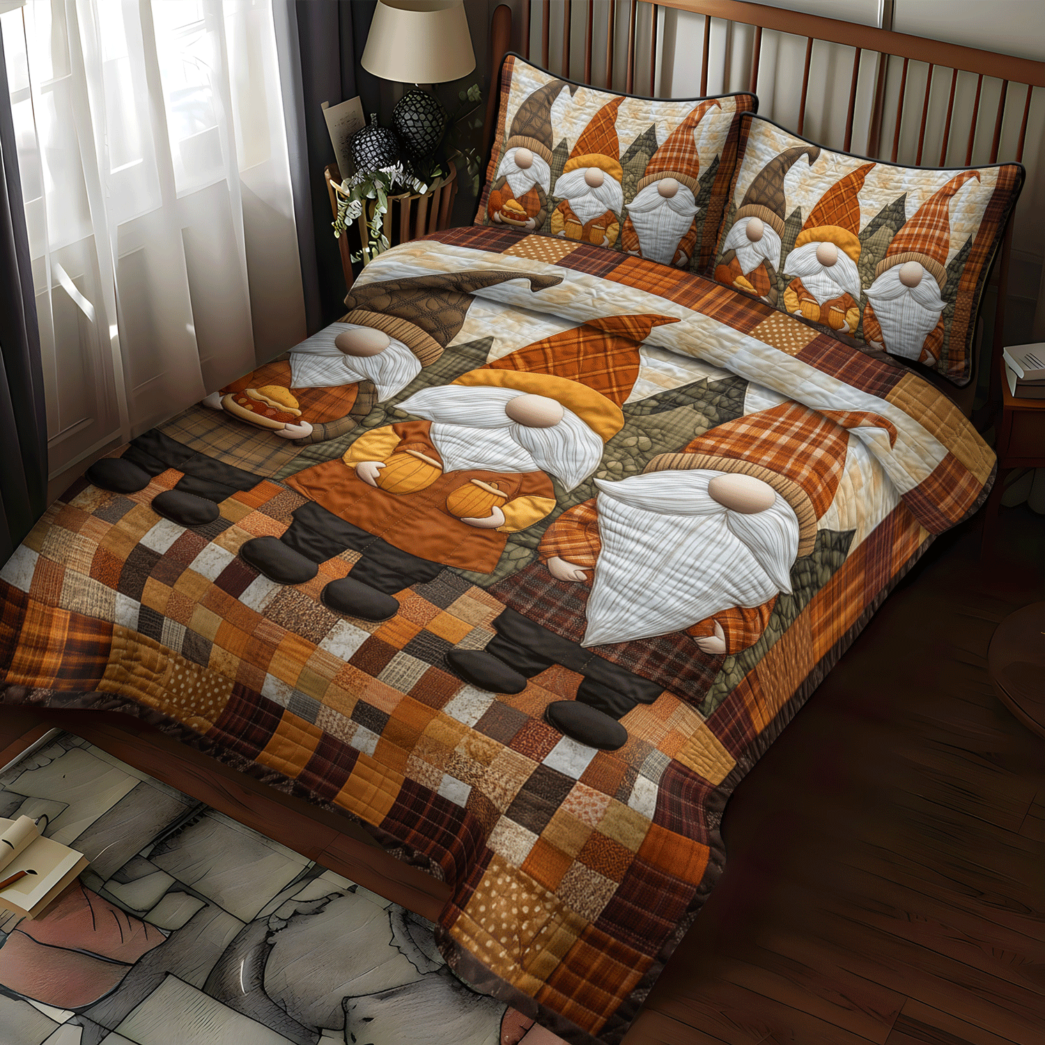 Harvest Gnome Pumpkins 3-Piece Quilted Bedding Set - Single (59" x 70")