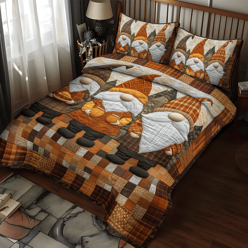 Harvest Gnome Pumpkins 3-Piece Quilted Bedding Set - Single (59" x 70")