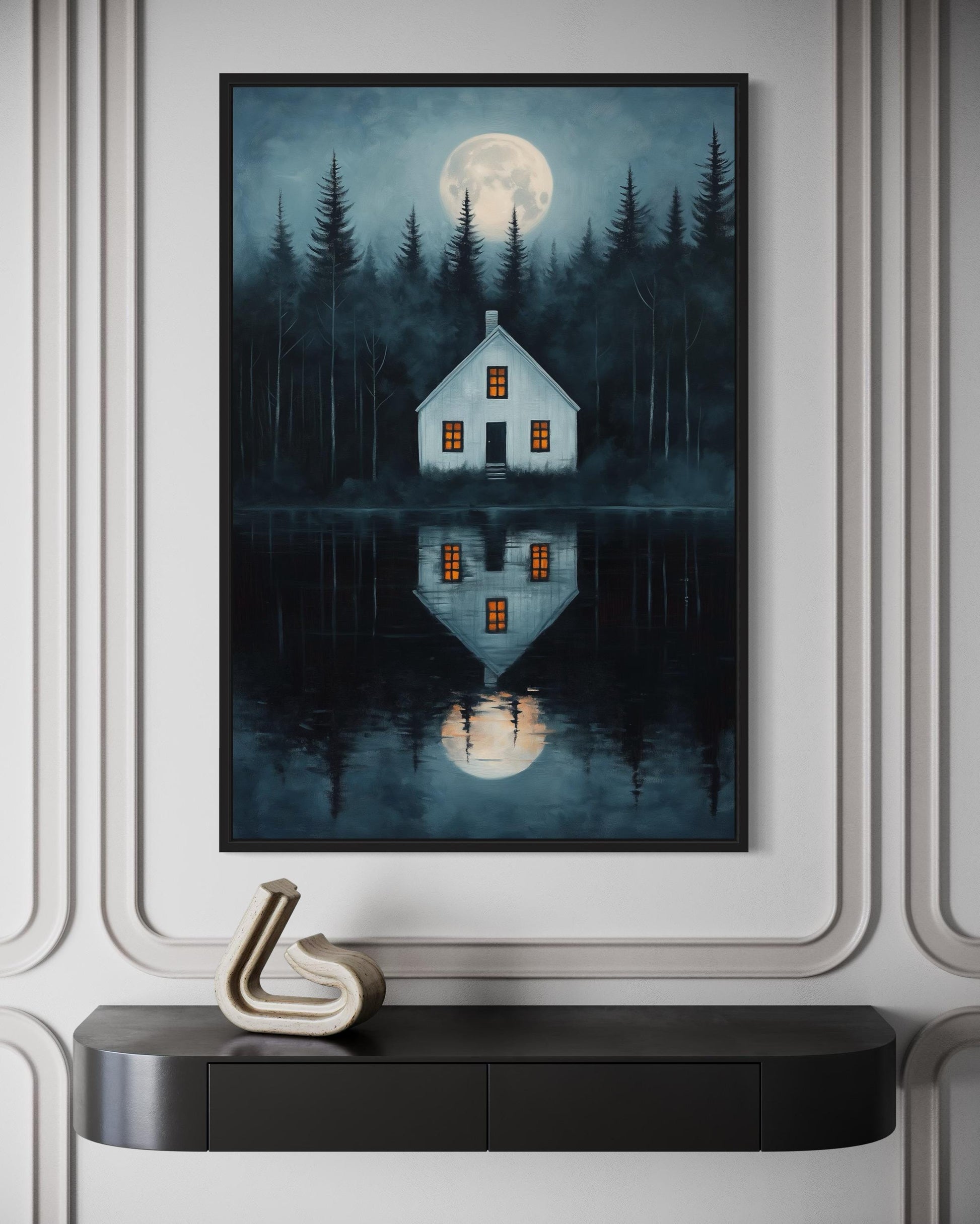 Haunted Cabin By The Lake Under Full Moon Canvas Wall Art