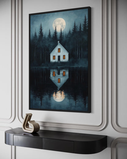 Haunted Cabin By The Lake Under Full Moon Canvas Wall Art