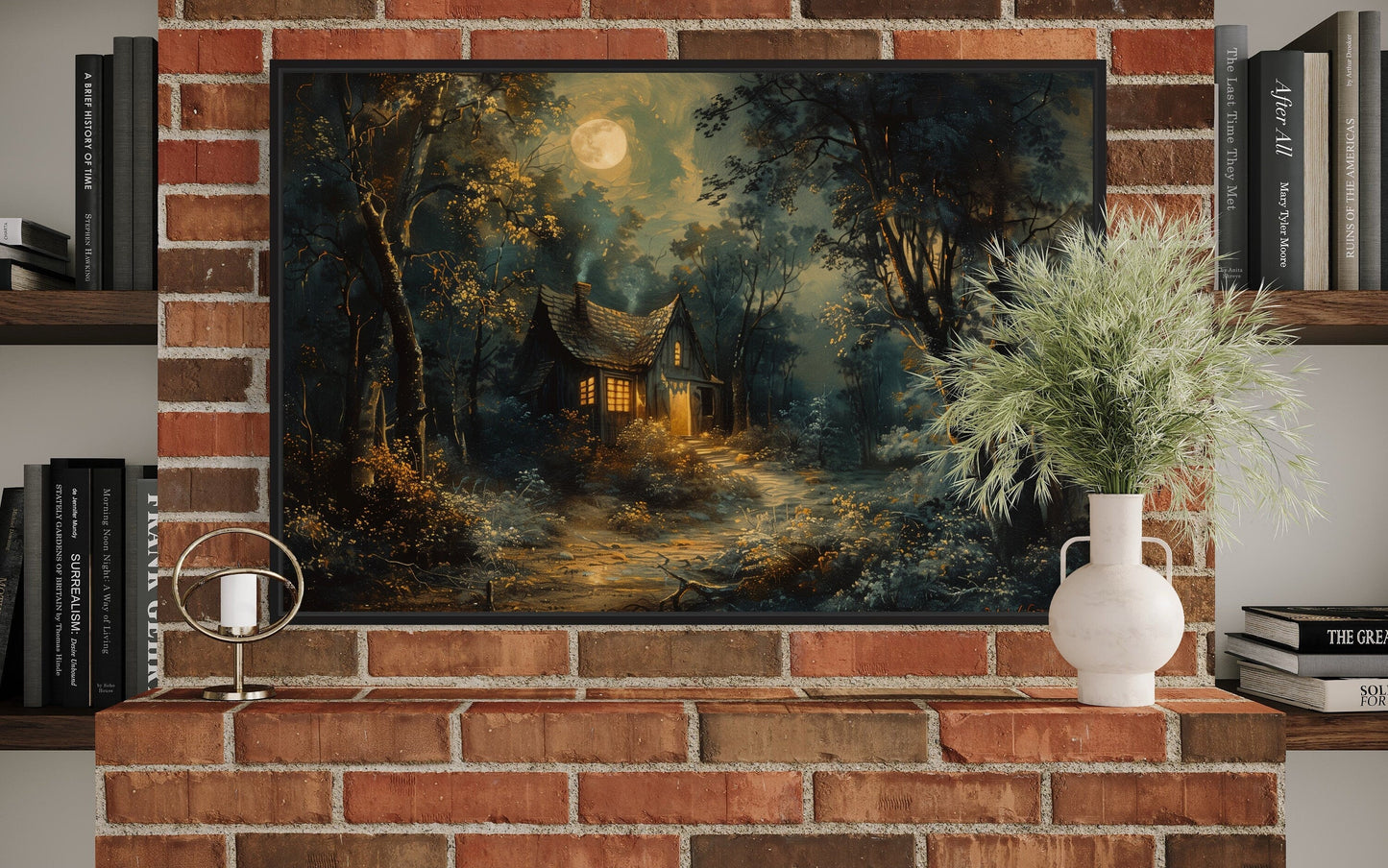 Haunted Cabin In The Forest Under Full Moon Framed Halloween Wall Art