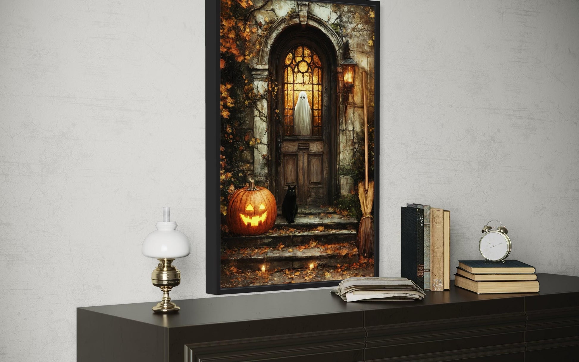 Haunted Halloween Porch With Ghost in Window with Jack-O’-Lantern, Black Cat, and Broom Halloween Wall Art