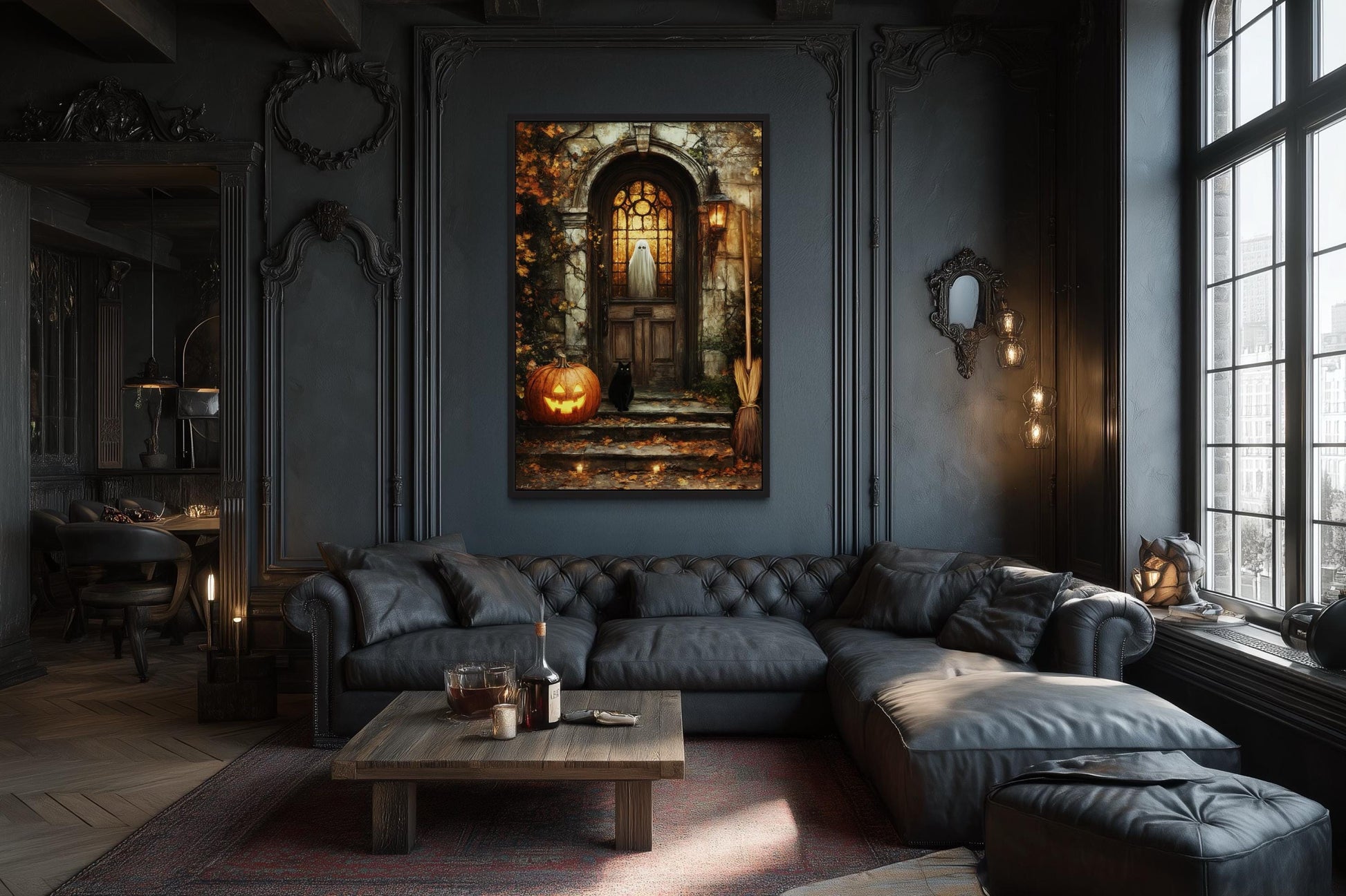Haunted Halloween Porch With Ghost in Window with Jack-O’-Lantern, Black Cat, and Broom Halloween Wall Art