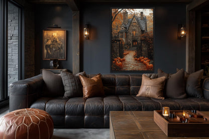 Haunted House And Pumpkin Path Halloween Canvas Art