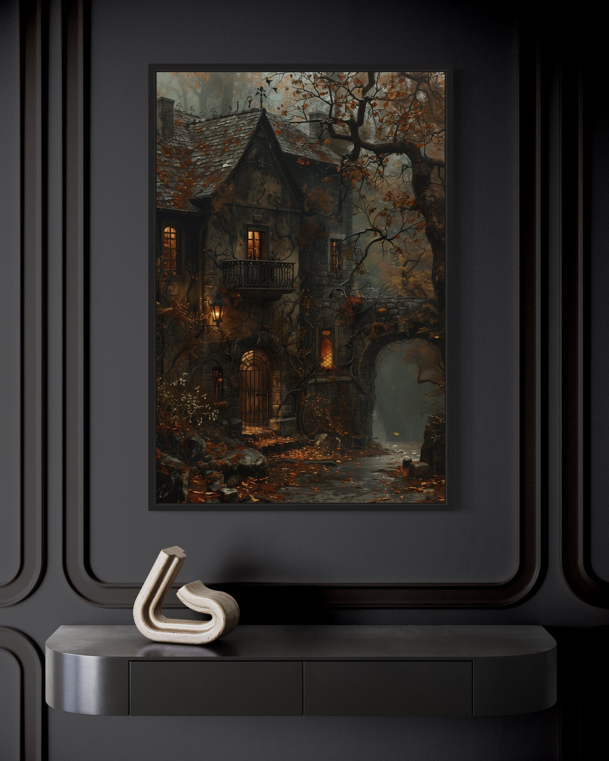 Haunted Victorian House Gothic Framed Canvas Wall Art