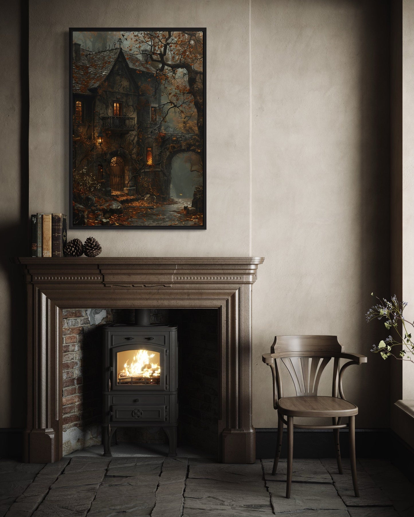 Haunted Victorian House Gothic Framed Canvas Wall Art