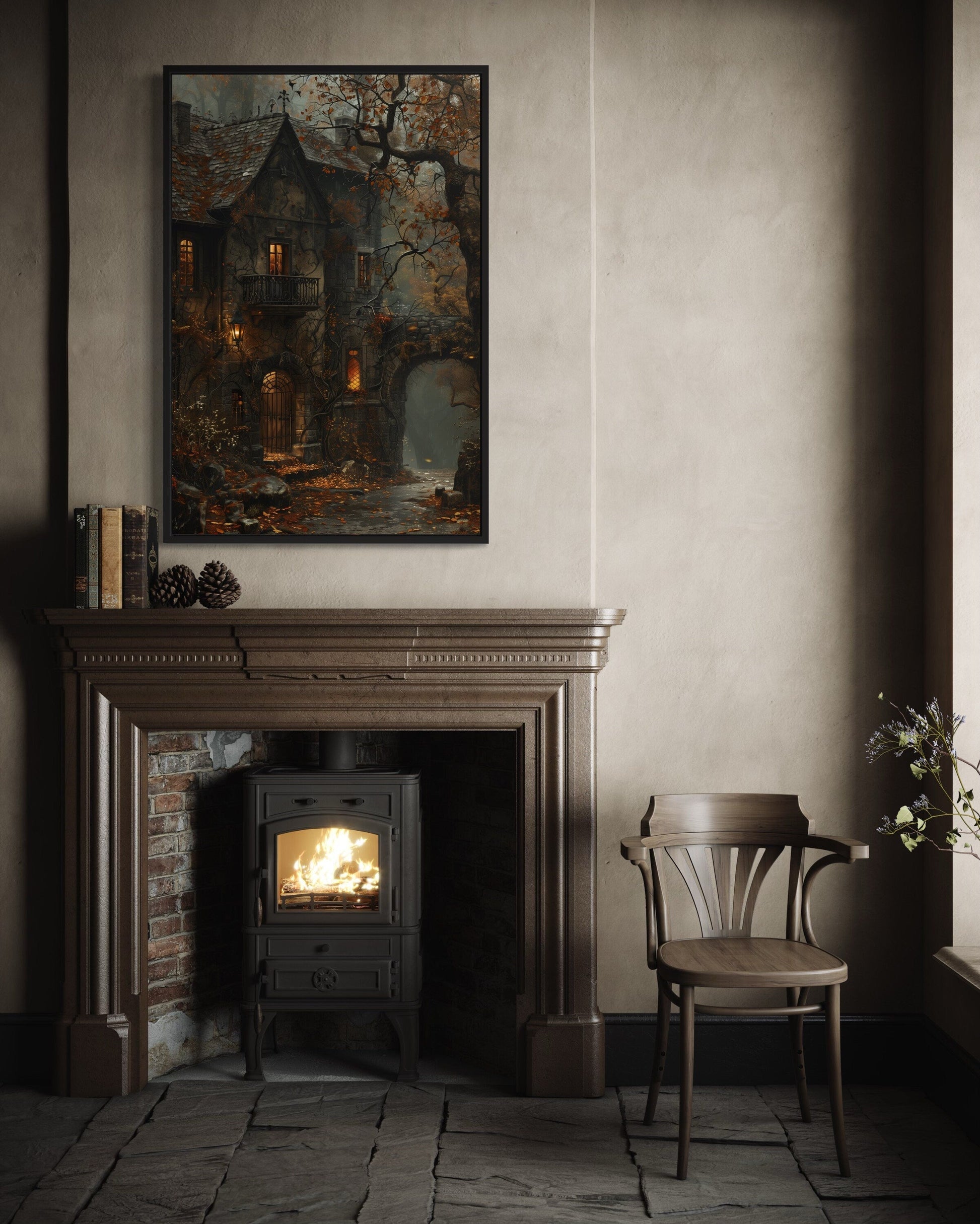 Haunted Victorian House Gothic Framed Canvas Wall Art