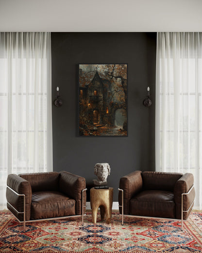 Haunted Victorian House Gothic Framed Canvas Wall Art