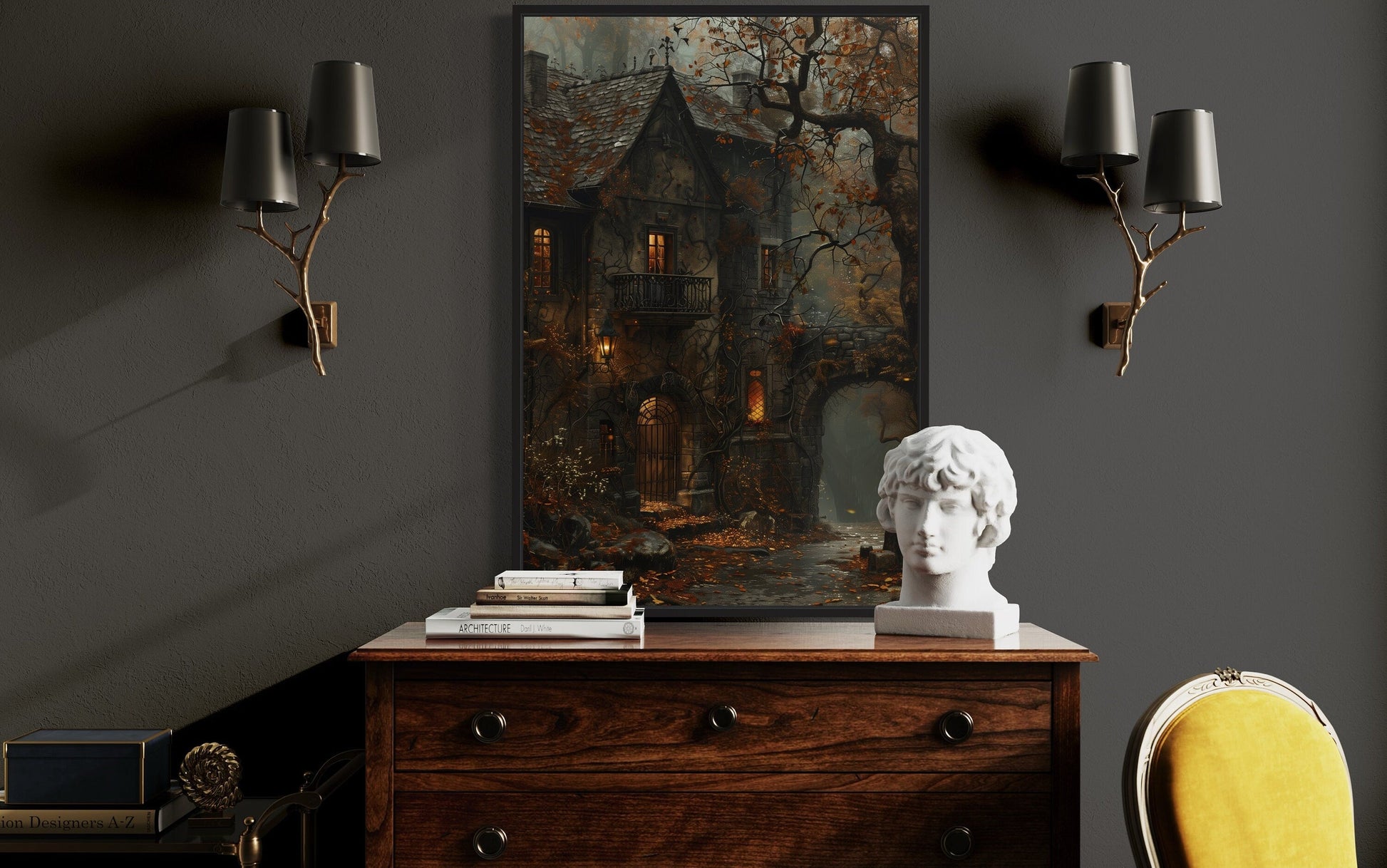 Haunted Victorian House Gothic Framed Canvas Wall Art