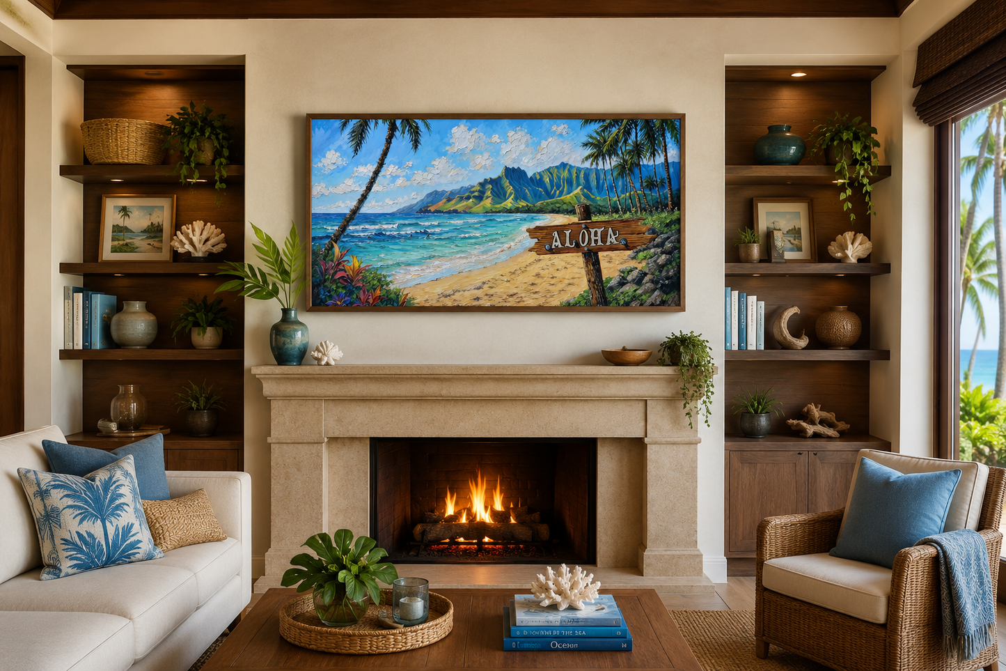 Oahu Beach Landscape With Aloha Sign Hawaii Framed Canvas Wall Art