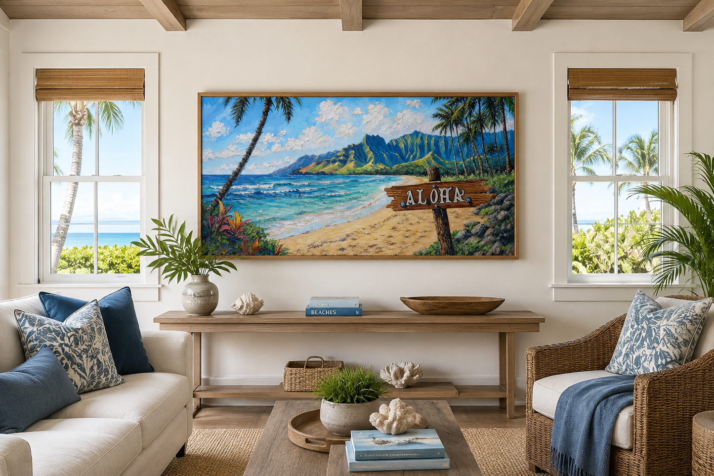 Oahu Beach Landscape With Aloha Sign Hawaii Framed Canvas Wall Art