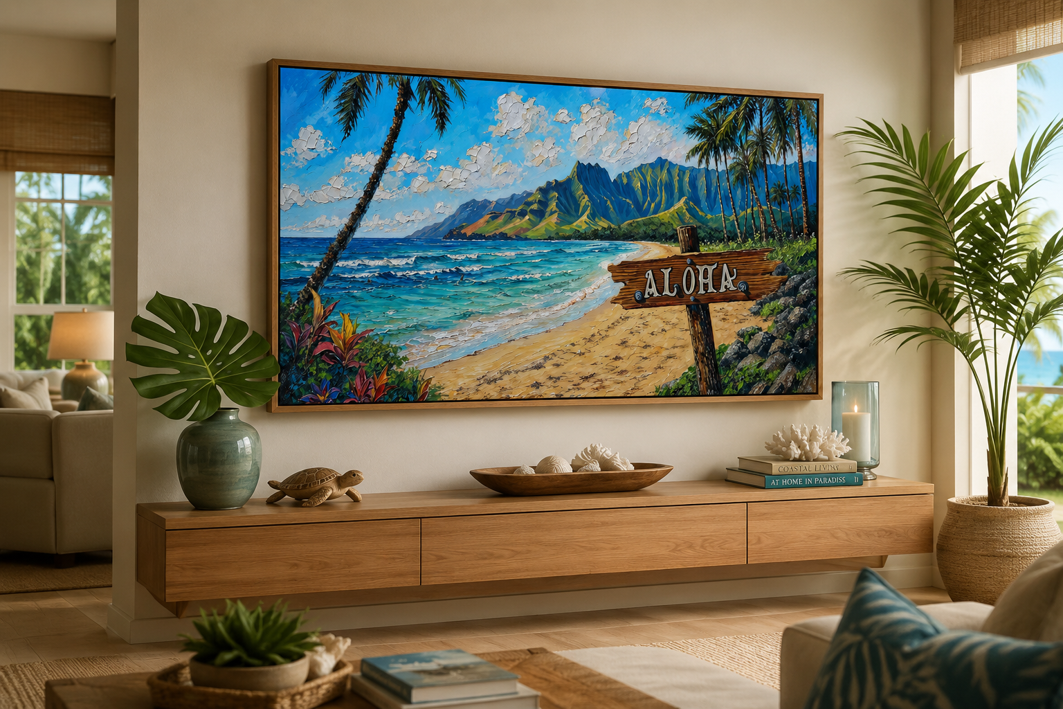 Oahu Beach Landscape With Aloha Sign Hawaii Framed Canvas Wall Art