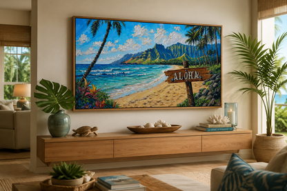 Oahu Beach Landscape With Aloha Sign Hawaii Framed Canvas Wall Art
