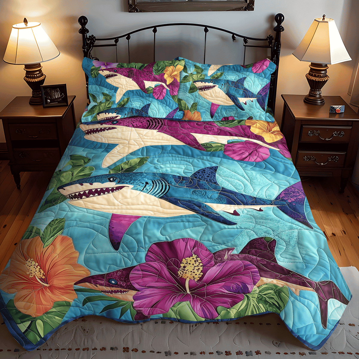 Hawaiian Shark Quilted Bedding Set - Single (59" x 70")