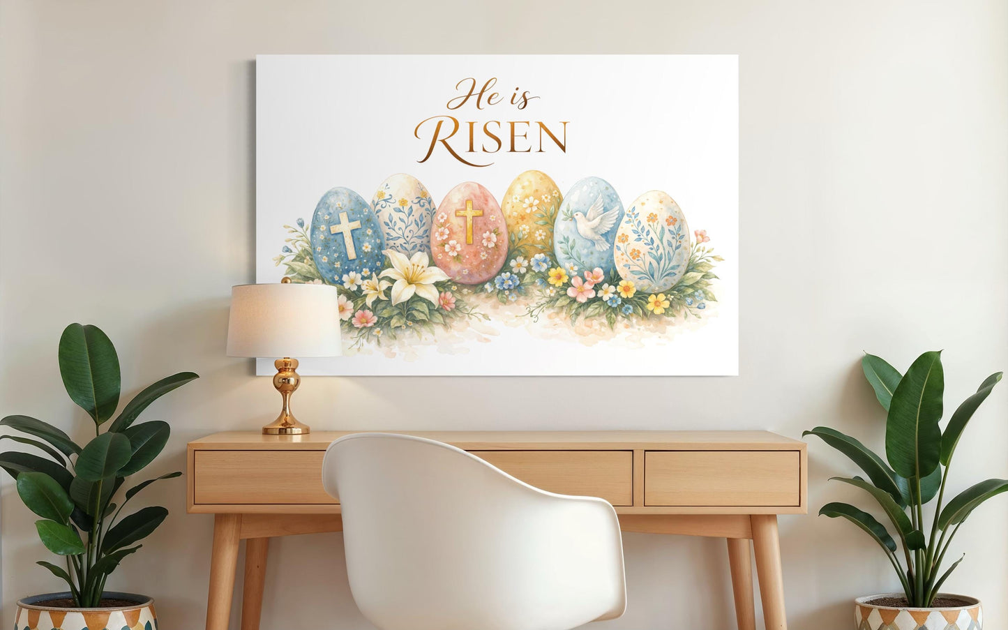 He Is Risen Wall Art – Christian Canvas Print with Cross and Floral Easter Decor