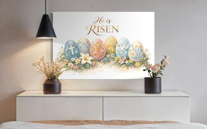 He Is Risen Wall Art – Christian Canvas Print with Cross and Floral Easter Decor