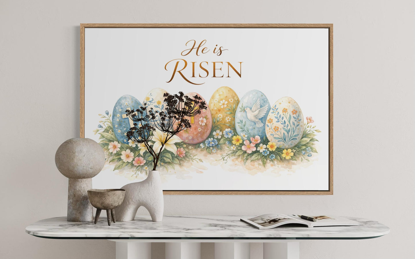 He Is Risen Wall Art – Christian Canvas Print with Cross and Floral Easter Decor
